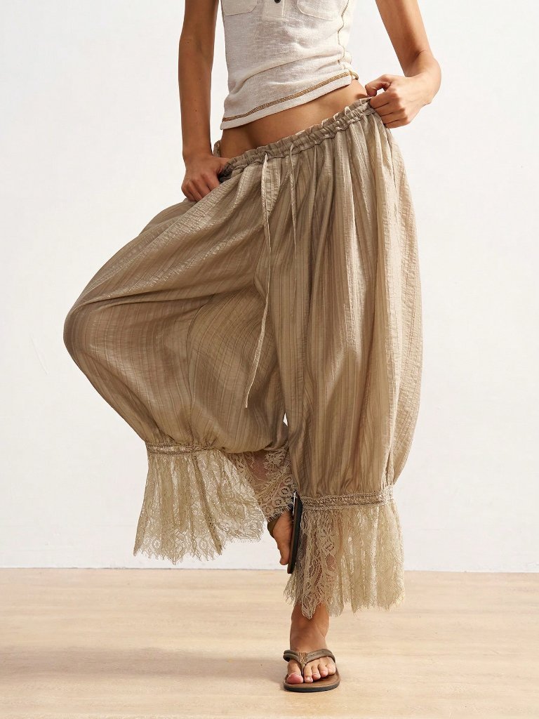 Casual Women's Woven Patchwork Lace Trim Loose Pants